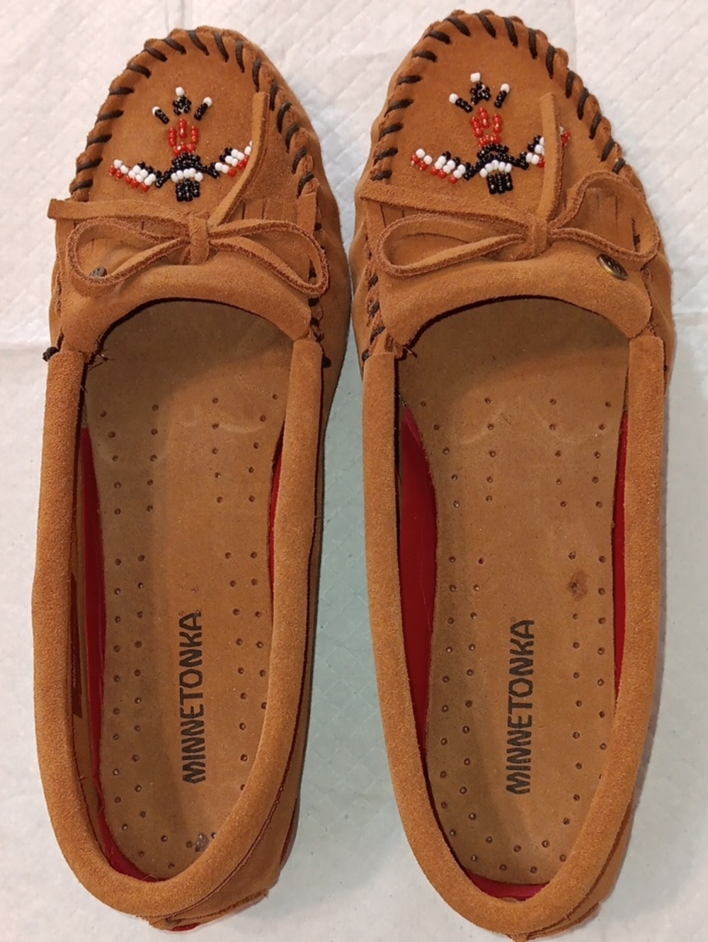 Minnetonka Brown Suede Beaded Moccasin Flats